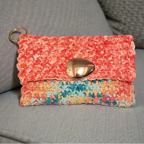New Handcrafted joyful Multicolor Crochet hand knit Clutch pouch coral teal - Picture 6 of 9